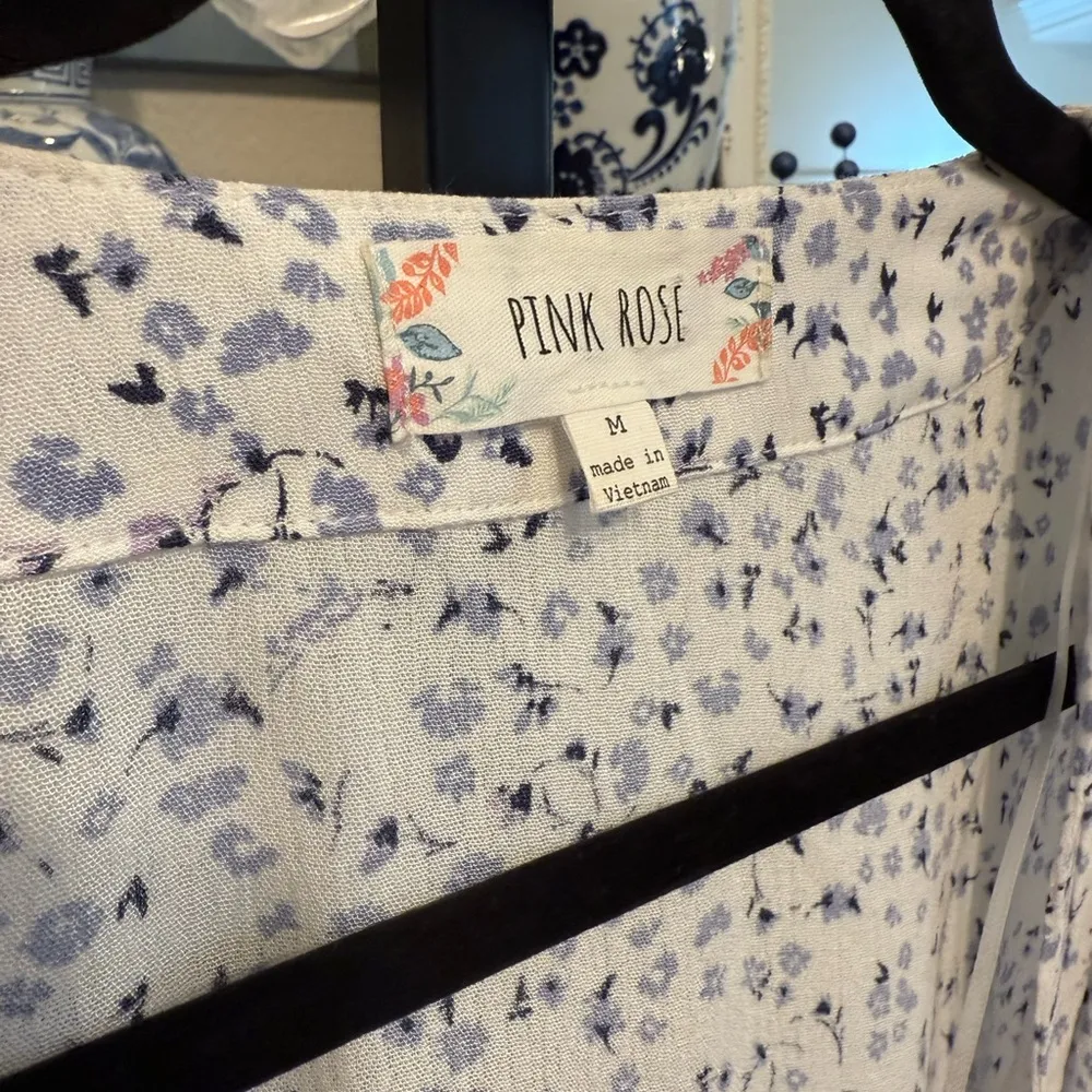 Floral Kimono Cardigan Lightweight Blue White Open Front Drape Medium Boho Flowy - Image 9