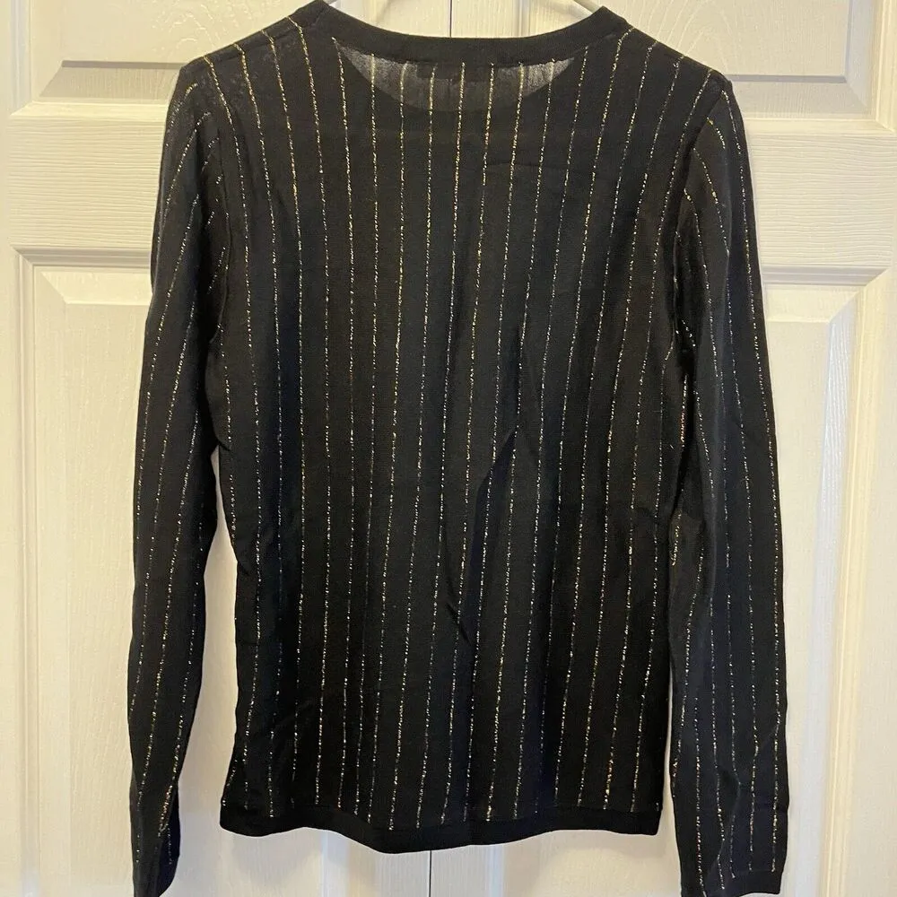 FRAME Striped Metallic Wool-Blend Long-Sleeve Sweater Top Size M Black And Gold - Image 9