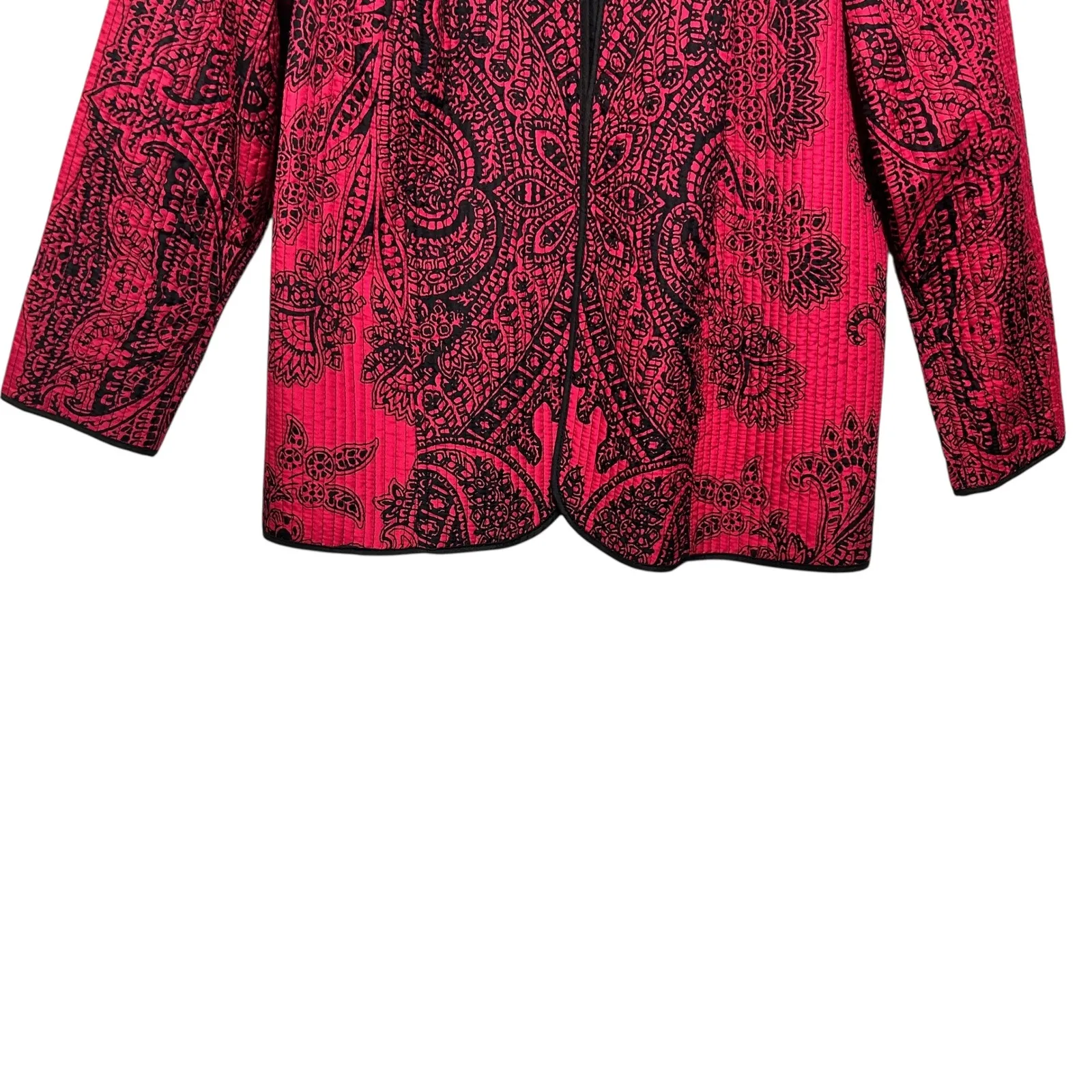 Catherines Women Jacket 2X Pink Black Paisley Quilted Open Front Boho Chic Artsy - Image 3