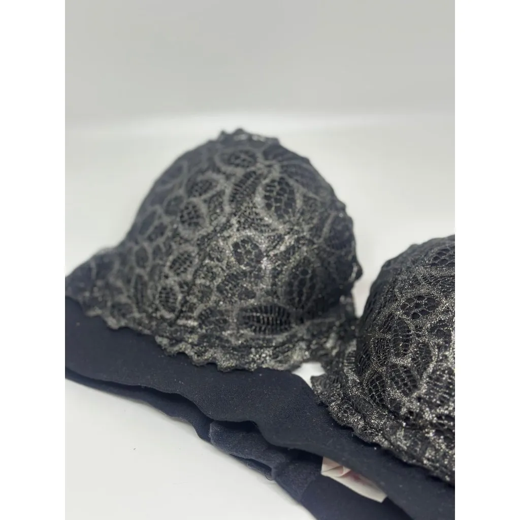 Victoria’s Secret PINK Push-Up Bra – Black Lace with Gold Glitter, 32C - Image 3