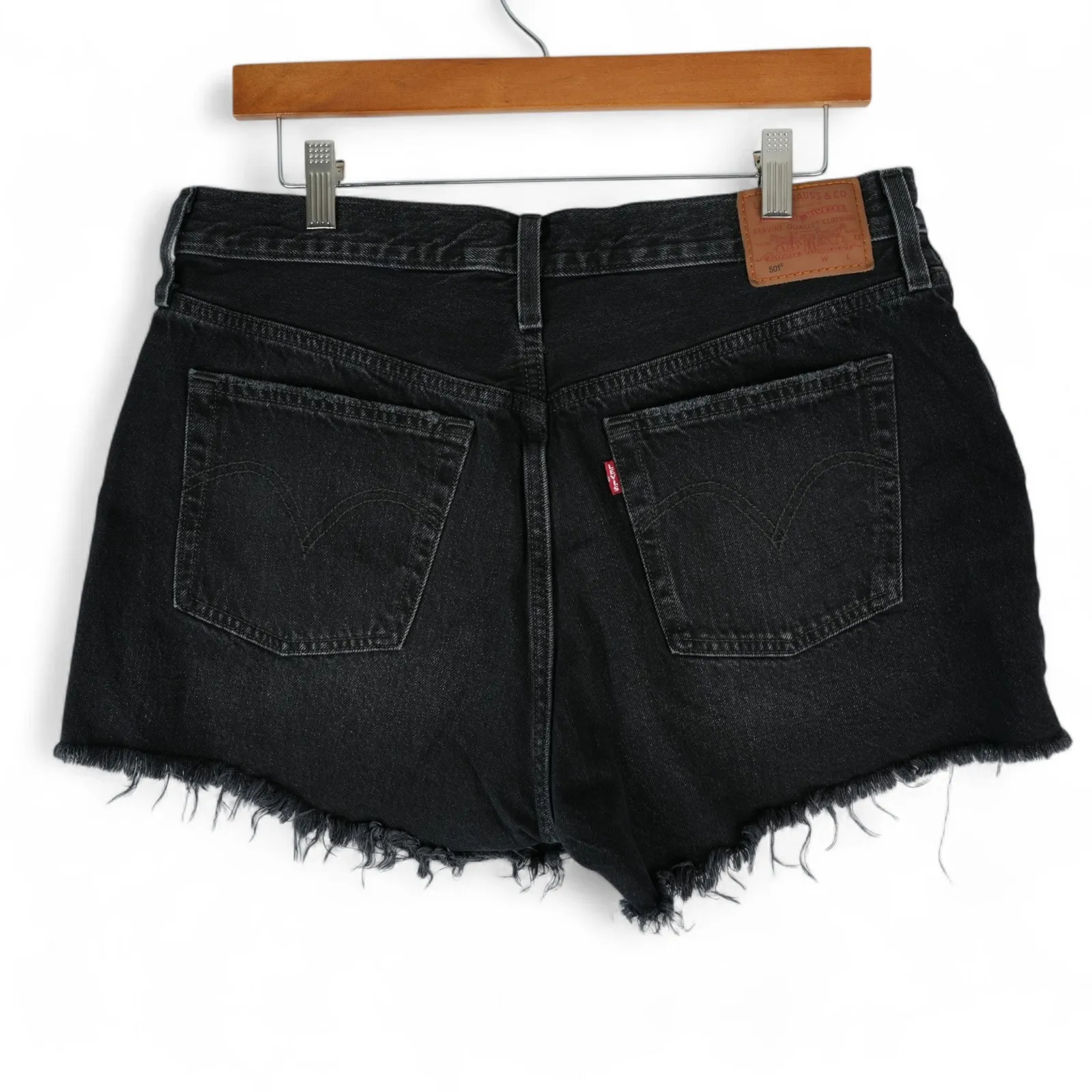 Levis 501 Shorts Womens 32x2 Black Distressed Cut Off Premium Denim Button Fly - Image 2