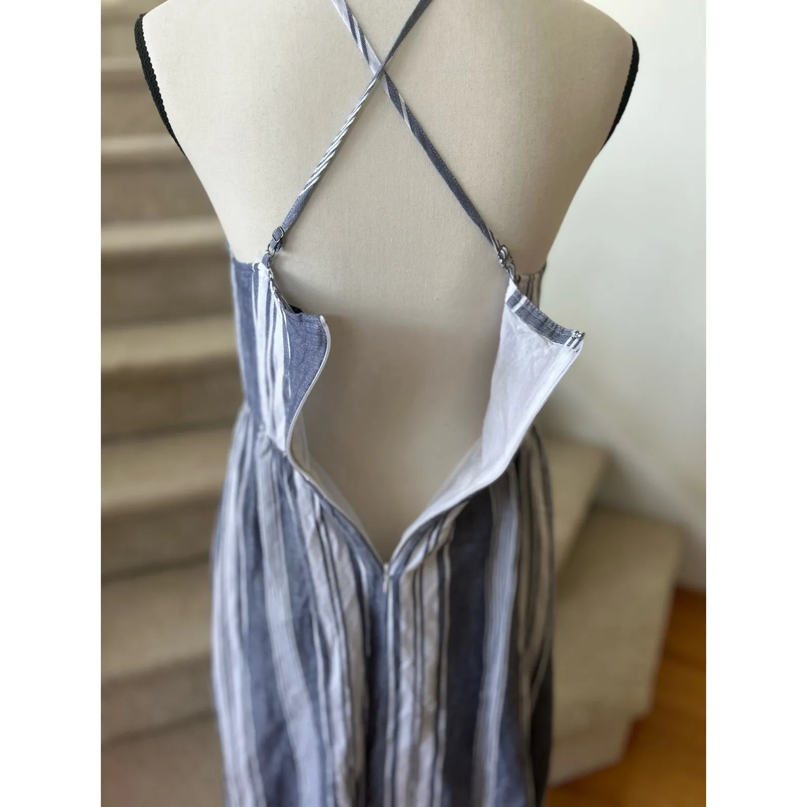 Abercrombie & Fitch Blue & White Linen Blend Striped Midi Dress - Image 4