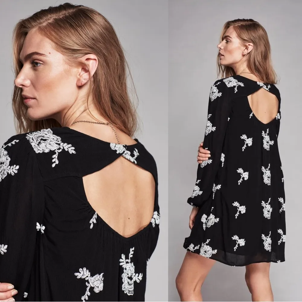 Free People • Embroidered Austin Mini Dress black cream floral flowy swing Emma - Image 14