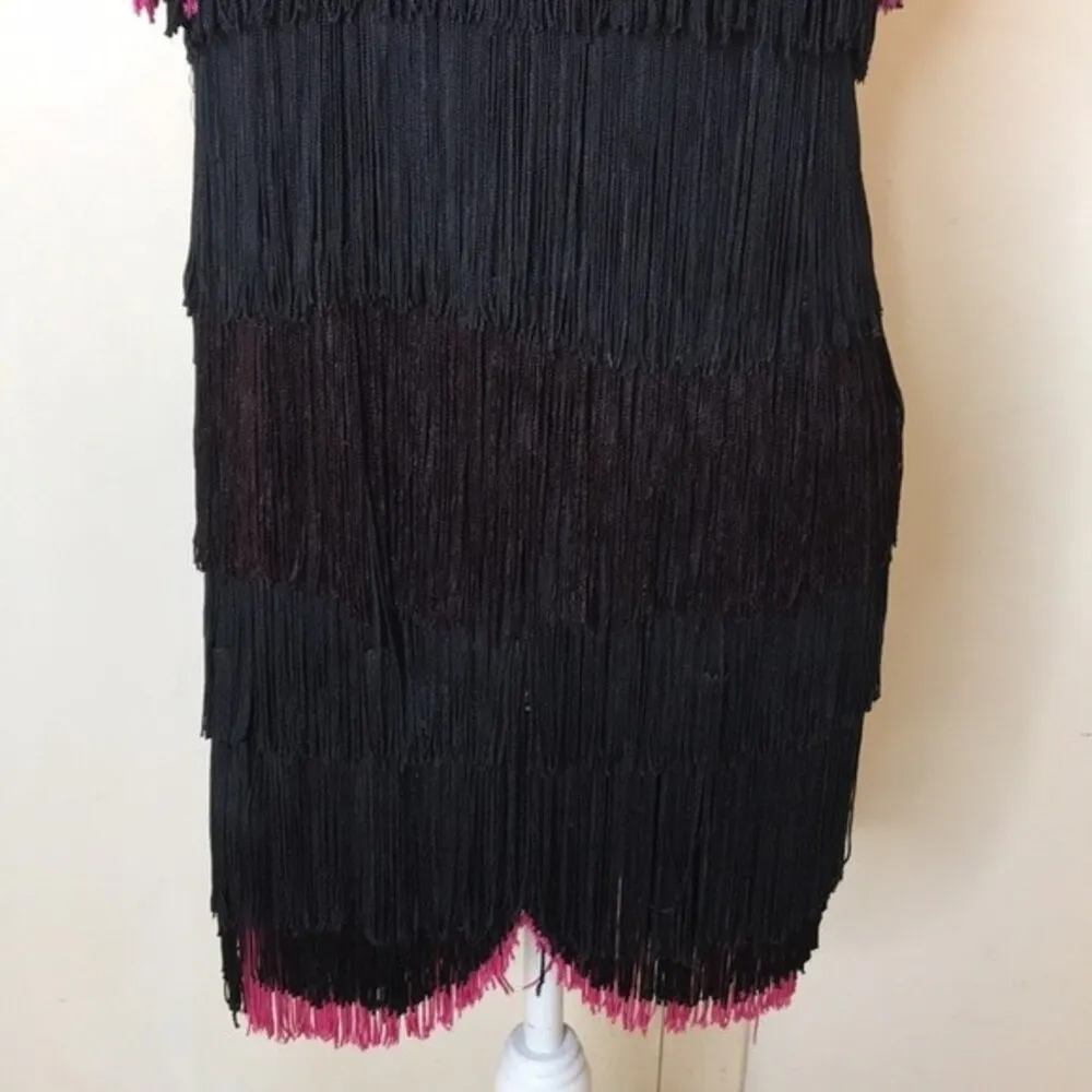 Vintage vassarette black and pink all over  party fringe dress size small - Image 3