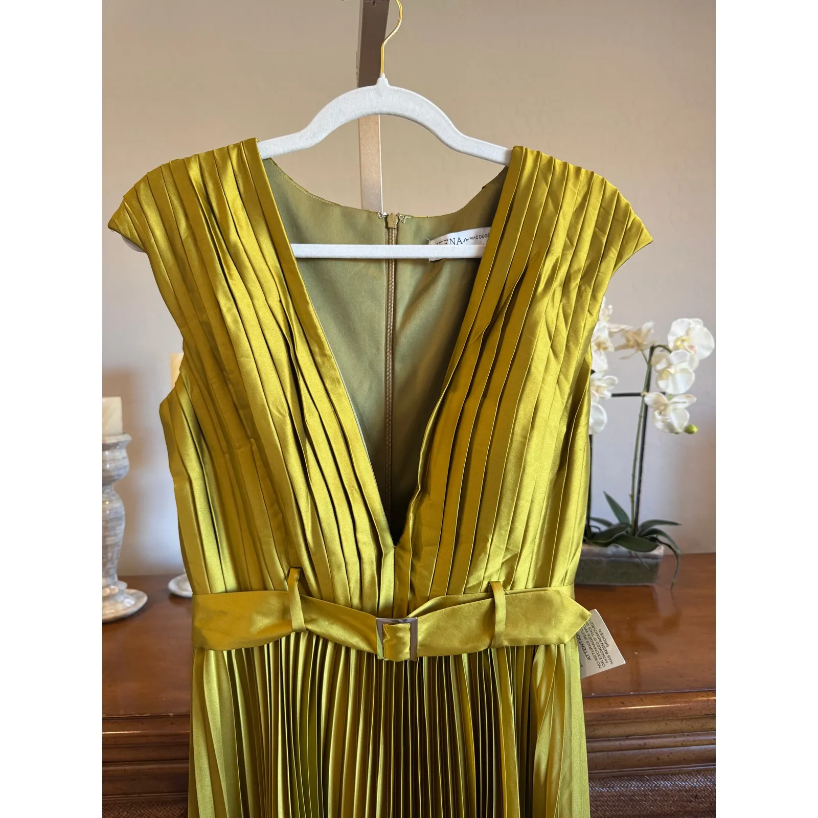 Mac Duggal Pleated Midi Dress Chartreuse Belted V Neck Size 6 NWT - Image 3