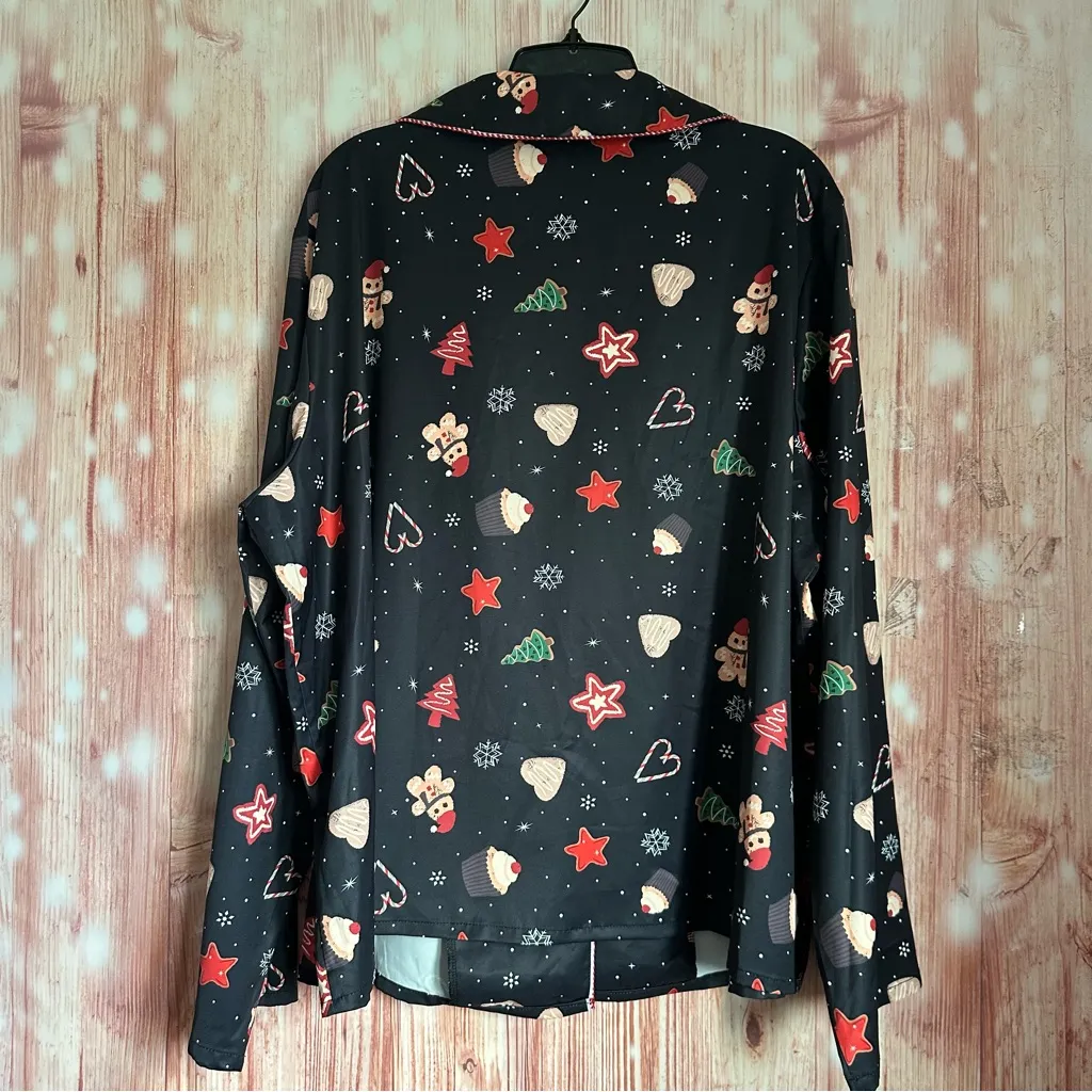 Cider Black Holiday Print Satin Pajama Top - Image 9