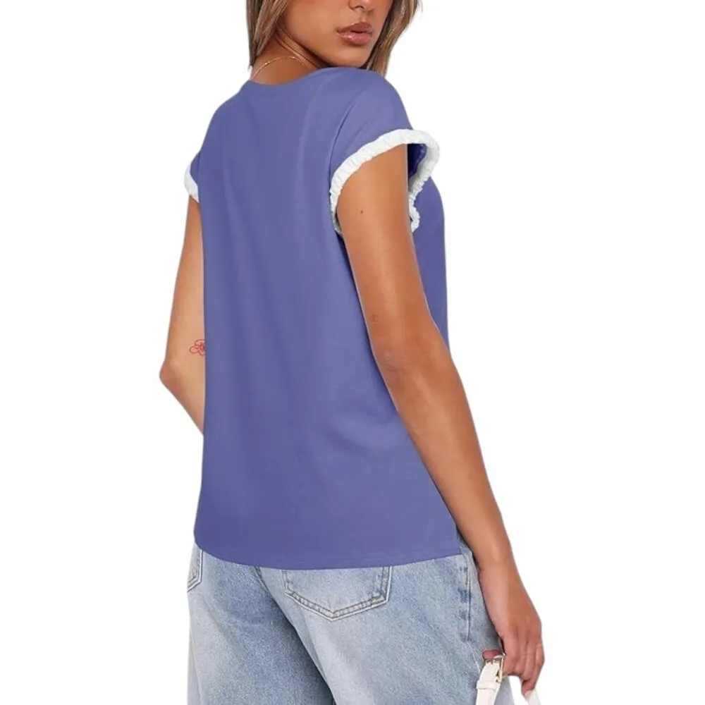 Casual Ruffle Cap Sleeve Crew Neck Tops Blouse Blue Size Small NWT #0022 - Image 2