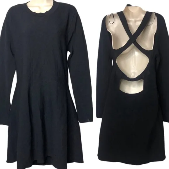 Topshop knitted black fit and flare long sleeve dress open back  size 12 - Image 2