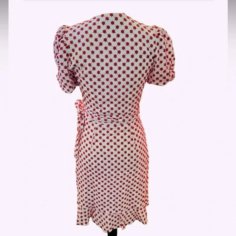 Draper James RSVP Embroidered Wrap Dress Red White Puff Sleeve Floral Size XS - Image 7
