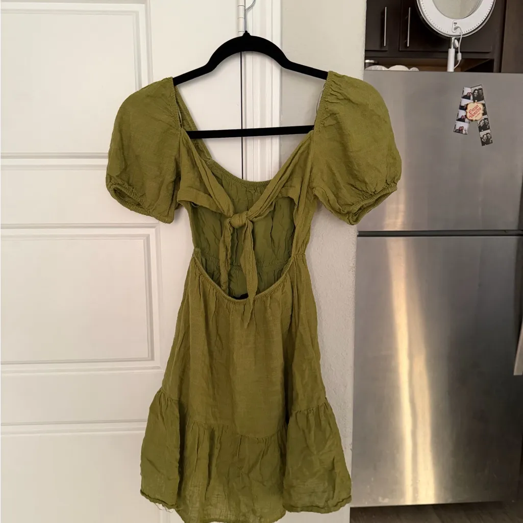 Pull and bear Olive Green Mini Dress with Puff Sleeves - Image 2