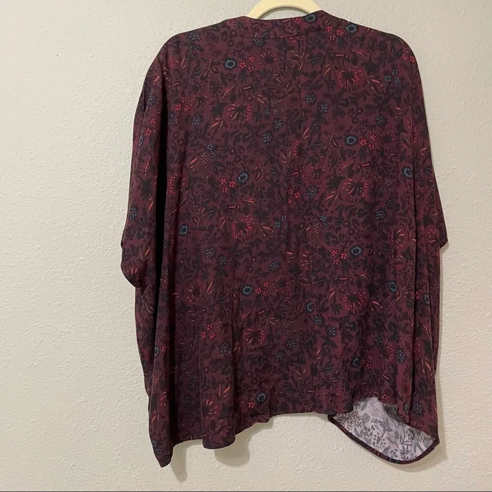 Talula Burgundy Floral Short Sleeve Open Front Kimono Cardigan Sweater Womens M - Image 7