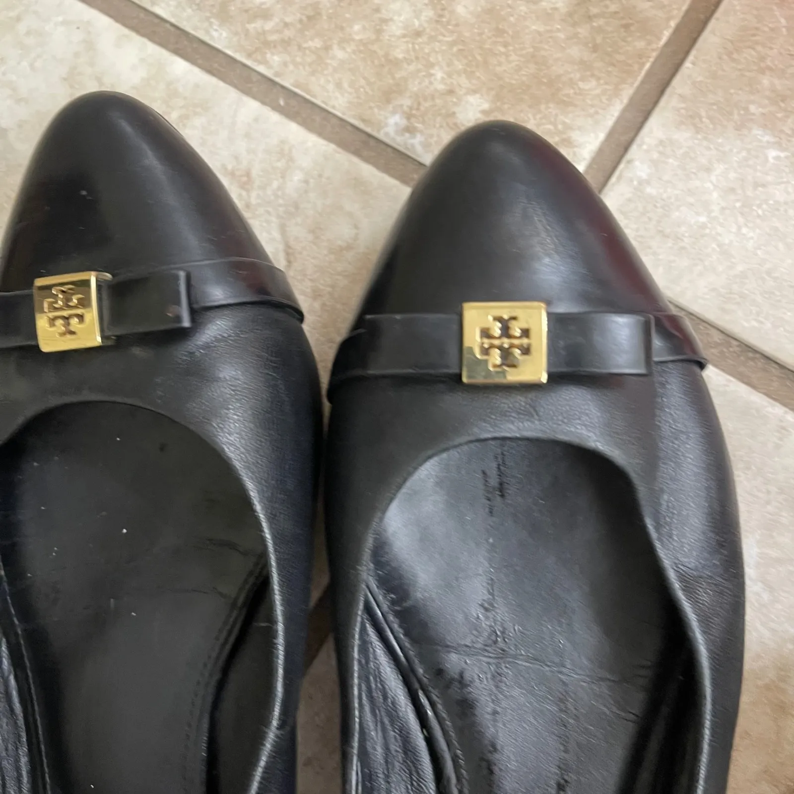 Tory Burch Hugo Black Leather Pointed Toe Ballet Flats Women's Size 8.5 M Gold - Image 10