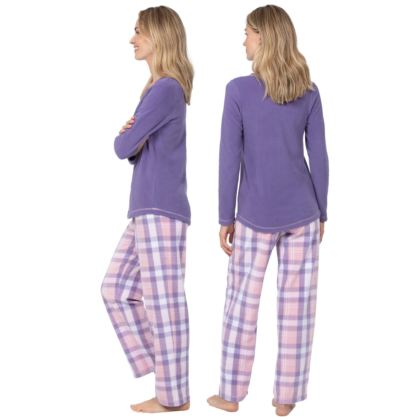 PajamaGram Lightweight Fleece Pajama Set Purple Plaid V - Image 2