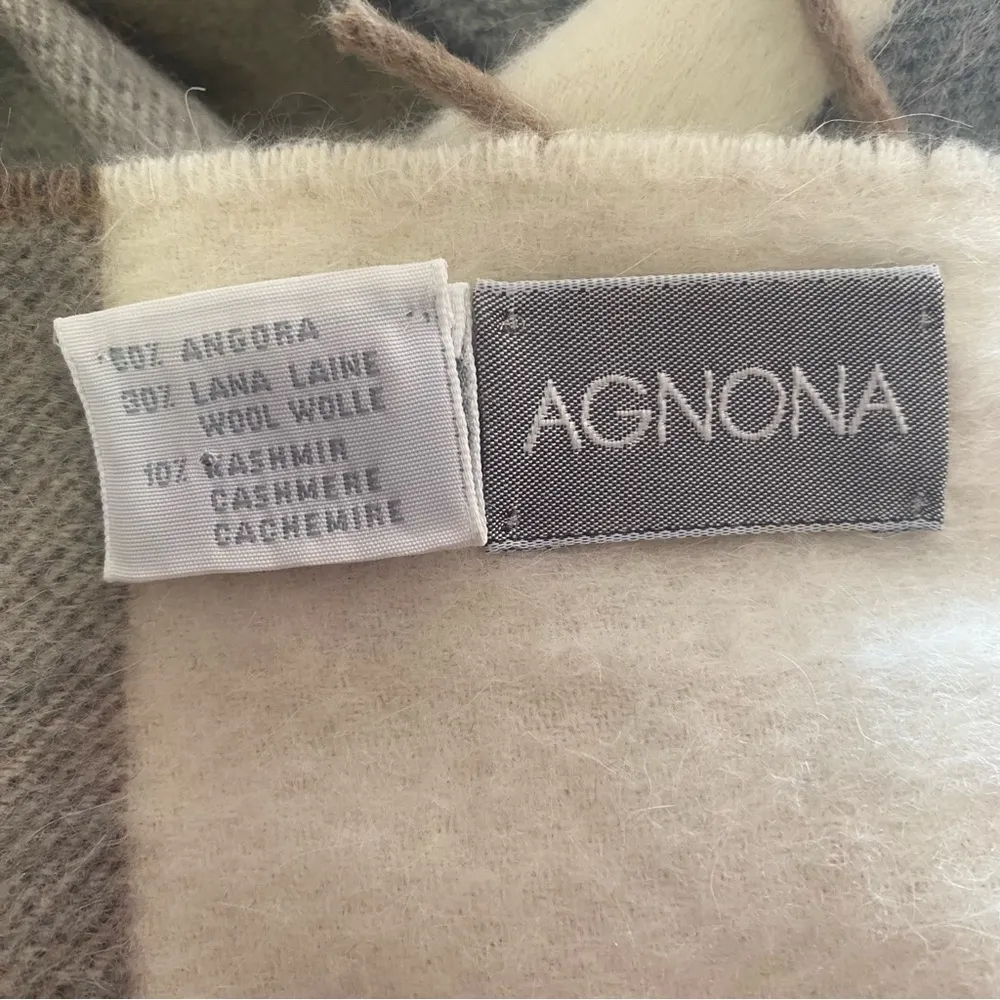 Agnona Plaid Neutral Angora Wool Cashmere Preppy Large Rectangular Fringe Scarf… Black - Image 2
