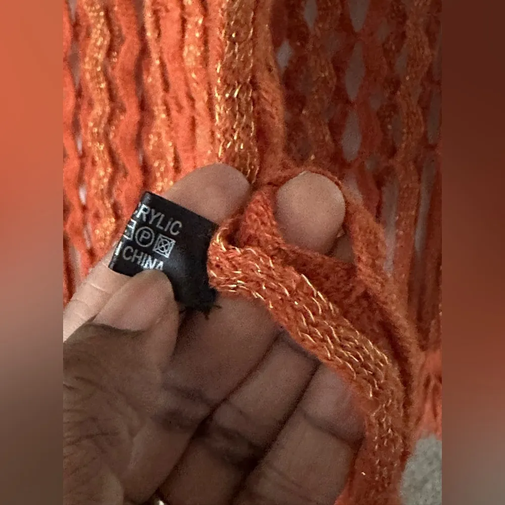 Bohemian Knit Shawl Handmade Hippie Wrap Orange Metallic Fringe Fall Winter - Image 4