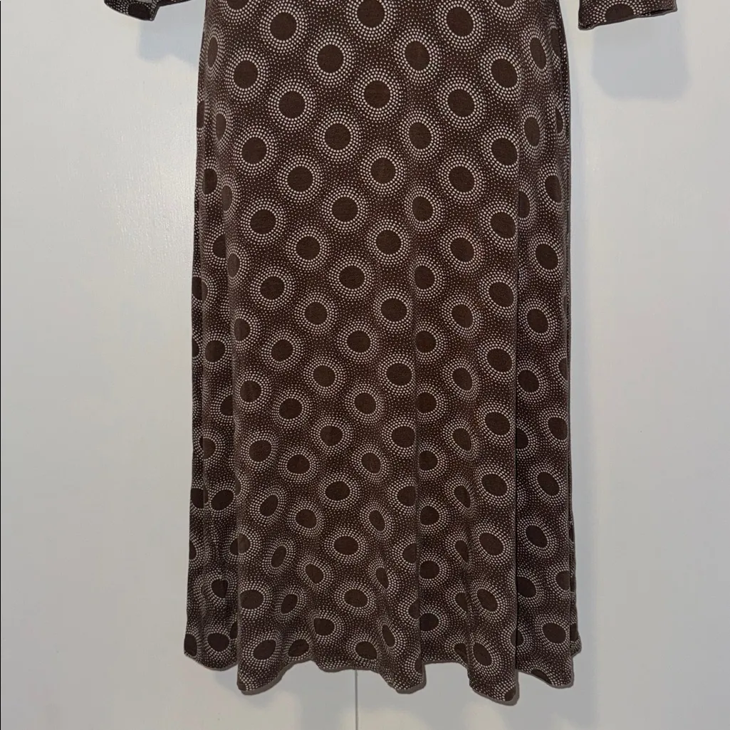 Boden Jersey Wrap Bodice Dress Women’s 12 Brown w Circle Print & 3/4 Sleeves - Image 4