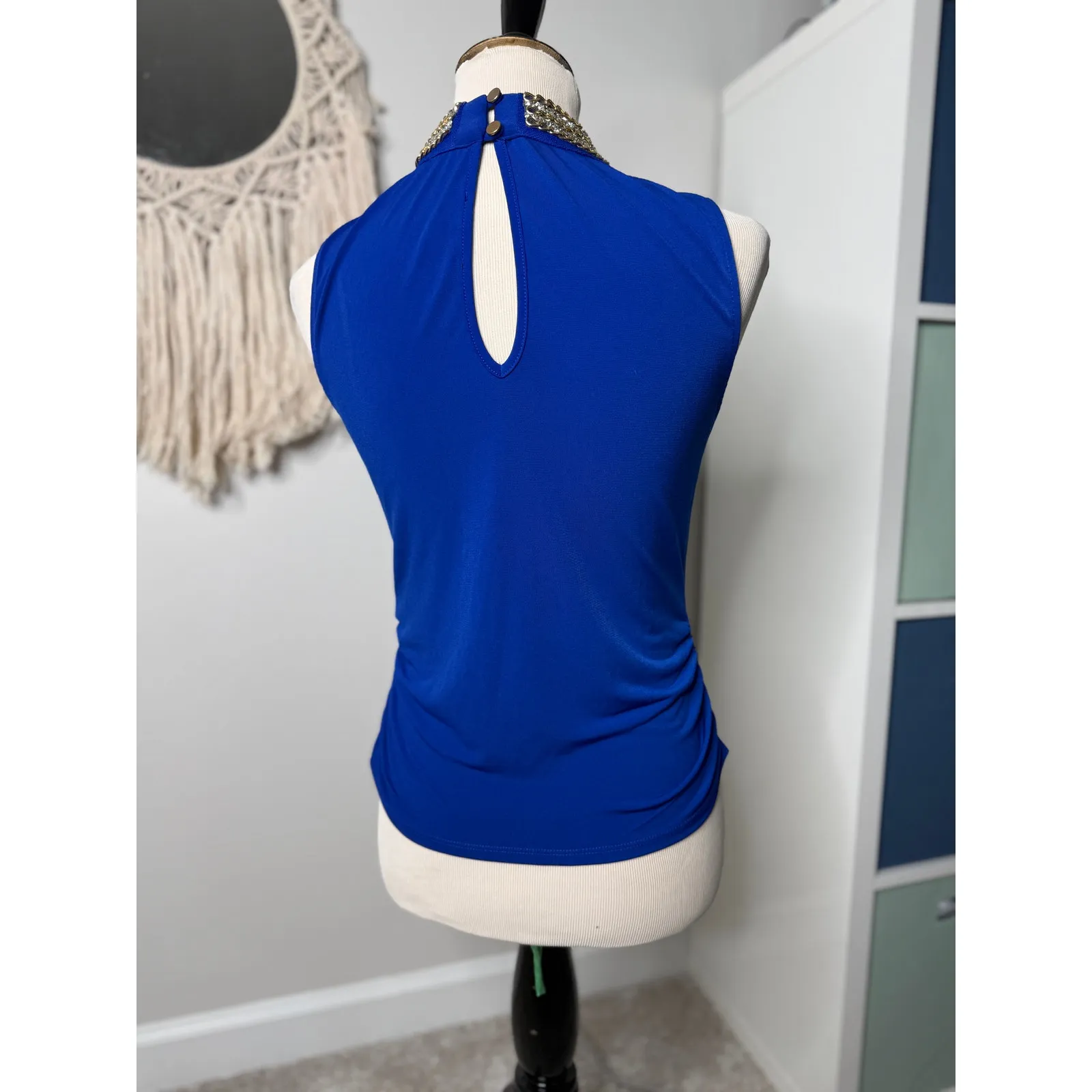 Women's vintage y2k Moa Moa Royal Blue Glam Gold Chain High Neck Going Out Top S - Image 2