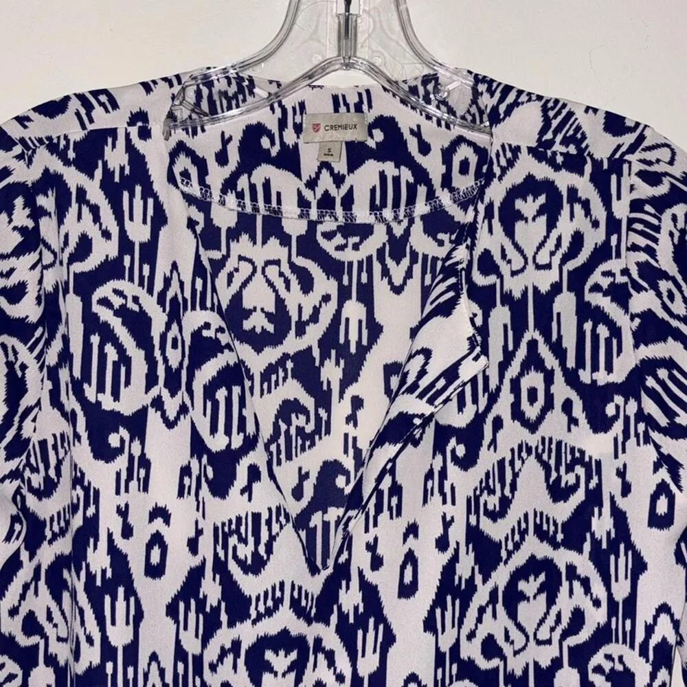 Cremieux Blue and White Abstract Paisley Print Semi Sheer Blouse Career work - Image 2