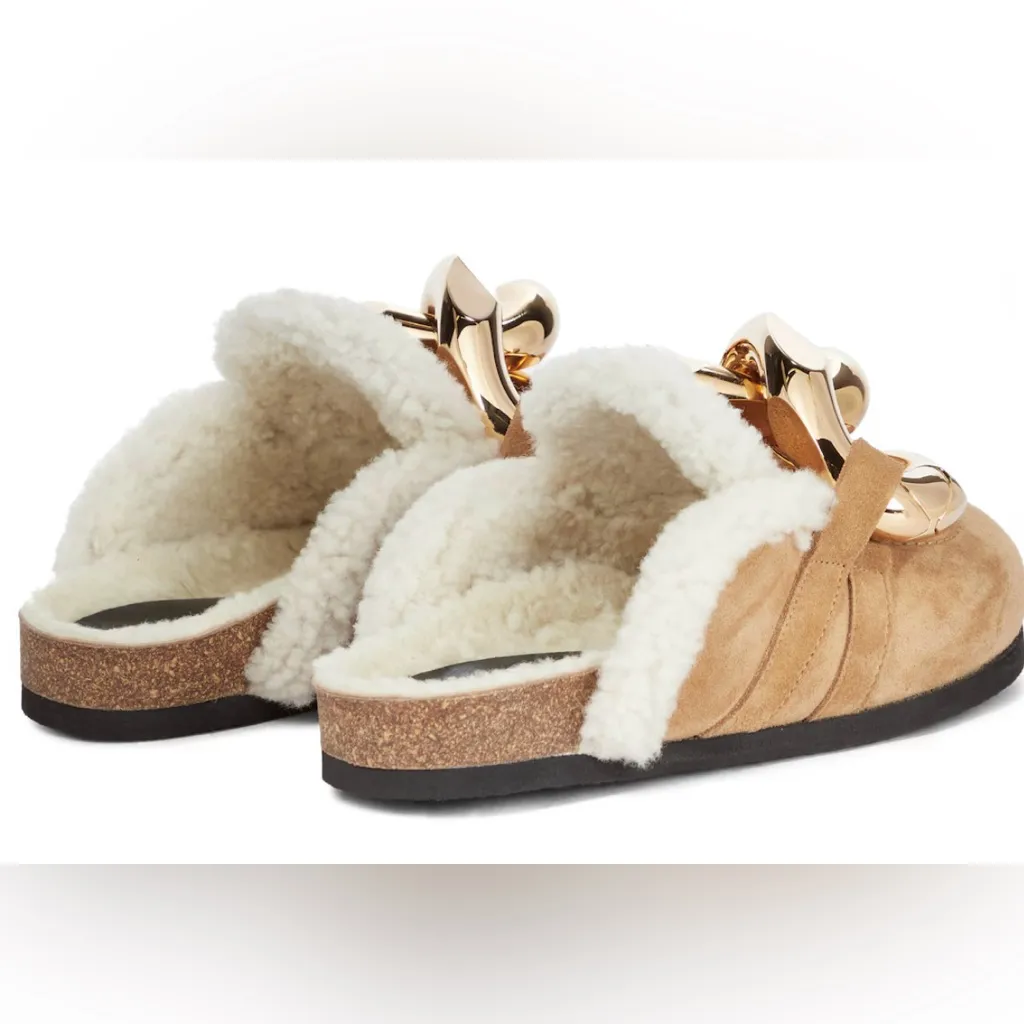 JW Anderson Beige Lamb Leather Shearling Chunky Gold Chain Loafer Clog Mules Tan Size 10 - Image 12