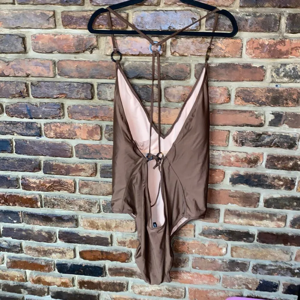 NWT J. Crew Brown O-ring V-neck One-Piece Swim Bathing Suit Women's Size 24 - Image 6