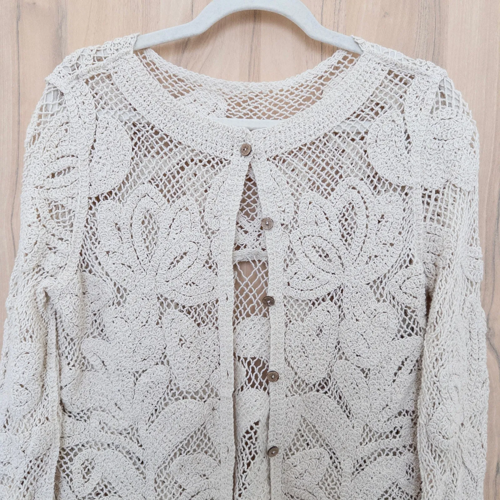 Womens Lace Crochet Cardigan Sz S Cream Floral Cottage Boho Shabby Chic Coquette - Image 2