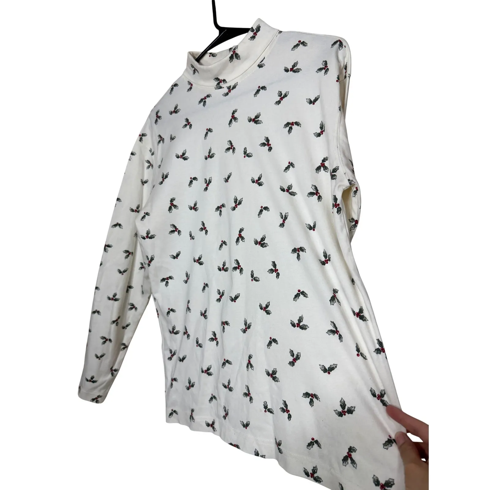 Lands End Womens White Long Sleeve Mock Neck Top Holly Berry Print M - Image 2