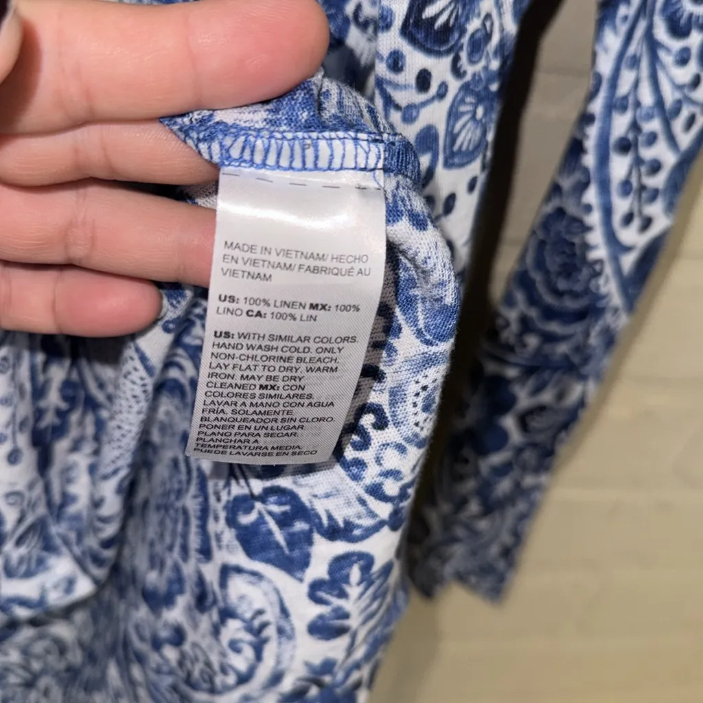 Chico's knit cardigan Blue and White Floral lightweight 100% linen open front - Image 4