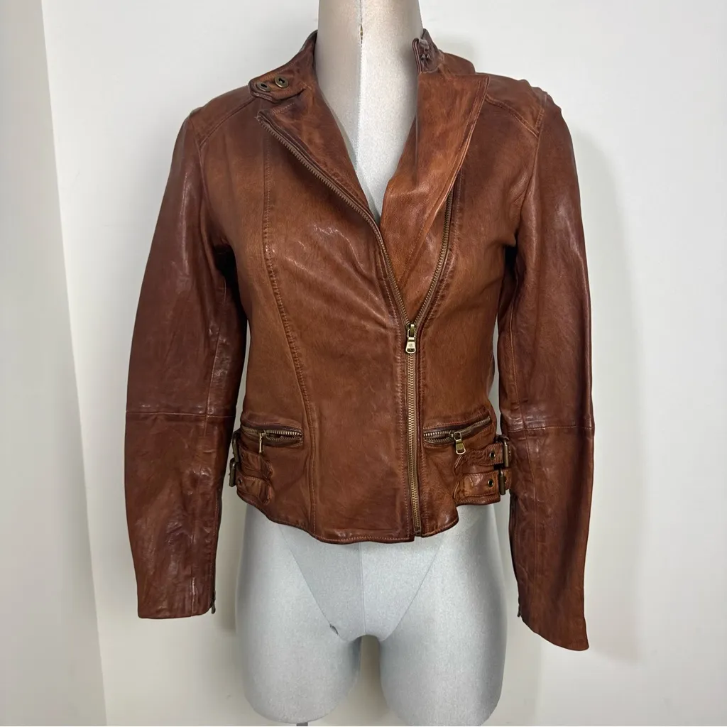 Lauren Ralph Lauren Burnished Lamb Leather Moto Jacket Size 4 Dark Walnut Zipper Brown - Image 9