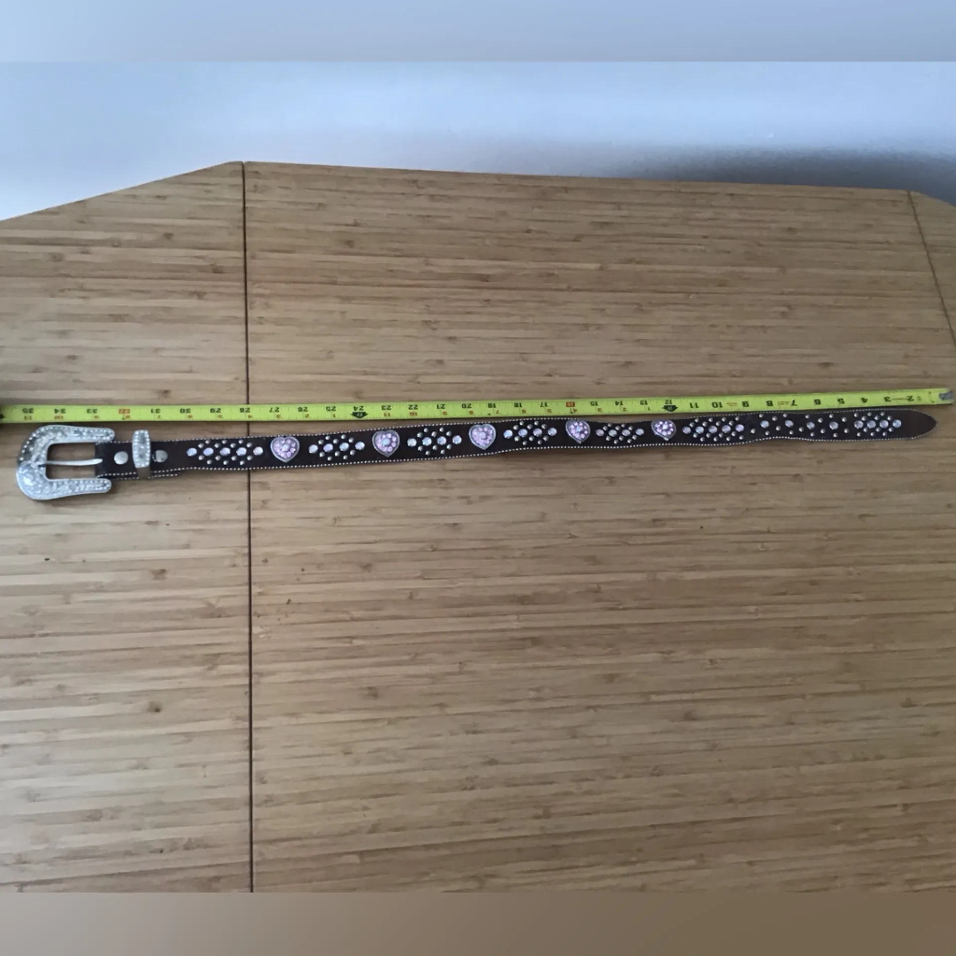 Pleather Belt Women’s Studded Rhinestones Heart Brown Size 28 VTG - Image 4