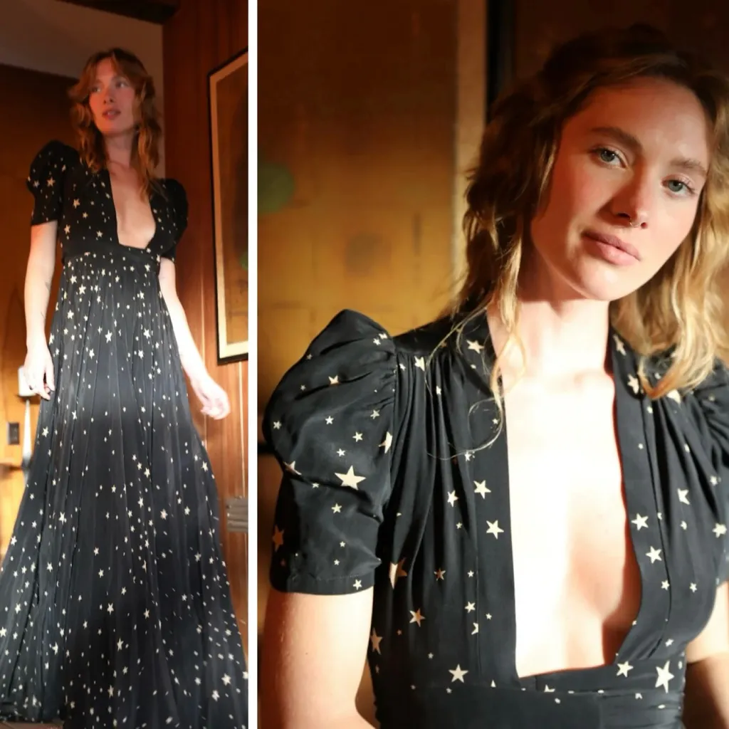 Stoned Immaculate Hollywood Black Star Print Short Sleeve Maxi Wrap Dress XS - Image 2