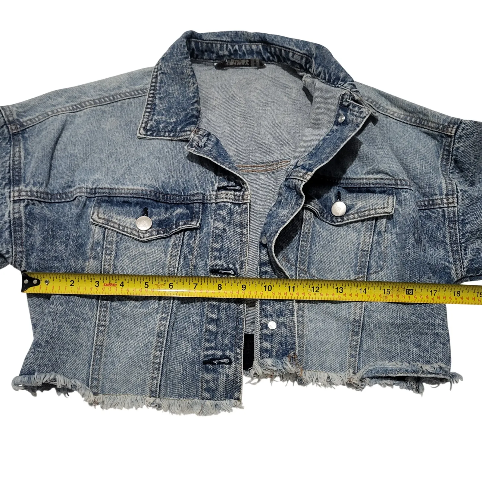 HIGHWAY JEANS Acid Wash Cropped Denim Y2K Jacket Frayed Hem Button Womens SMALL - Image 8