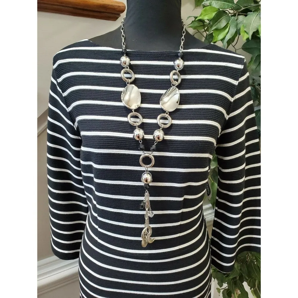 Old Navy Women's Black & White Cotton Long Sleeve Boat Neck Knee Length Dress S - Image 2