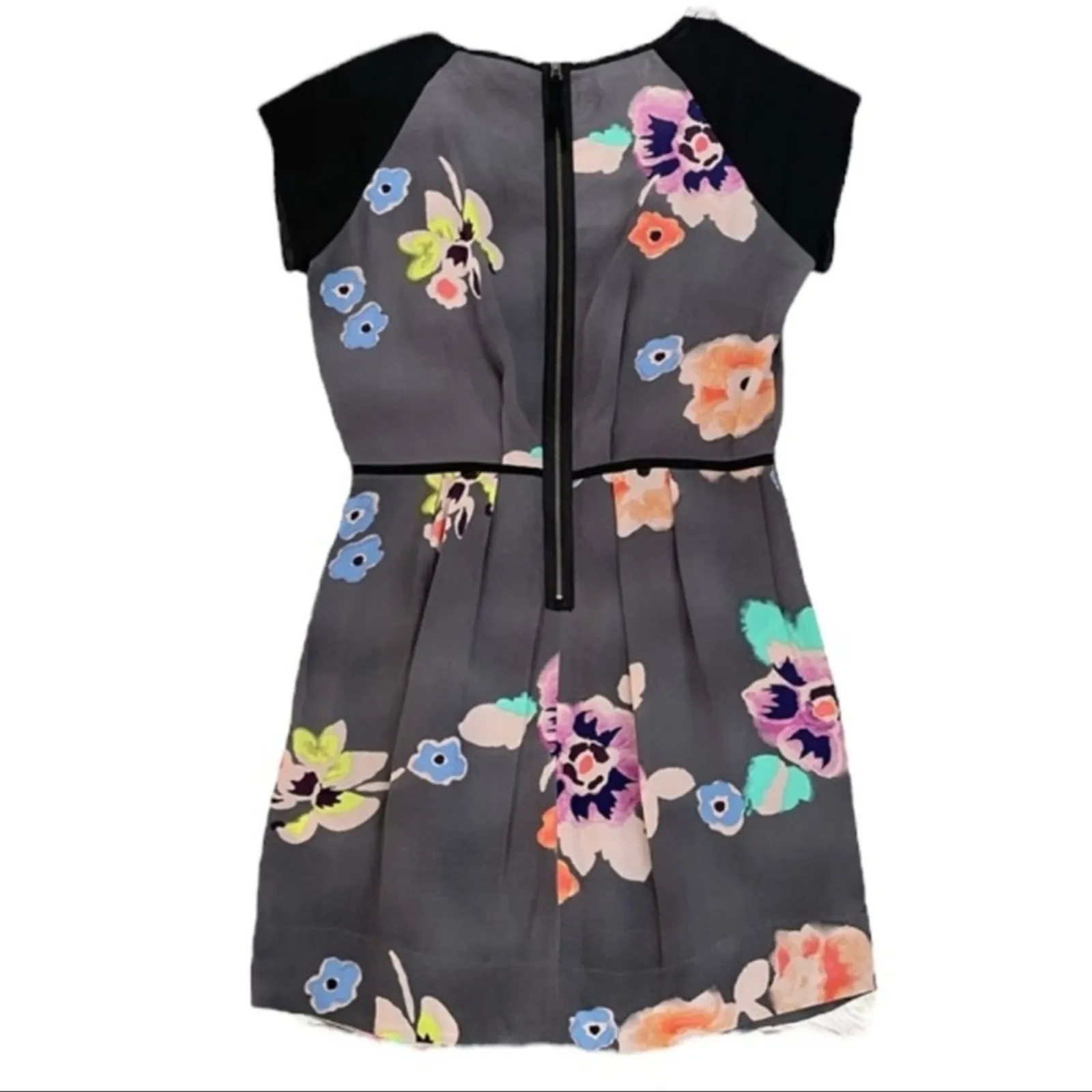 Rebecca Taylor Silk Floral Mini Dress Grey Black Cap Sleeve Pockets Size 6 - Image 10