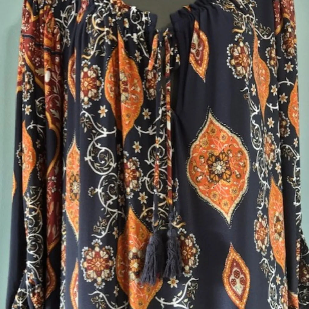Enfocus Studio Midi Dress Womens Size 18W Navy Orange Tassel Paisley Floral Boho - Image 2