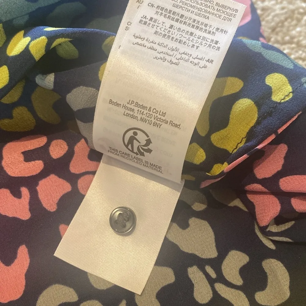BODEN Silk Button Down Shirt Rainbow Geo Animal AOP Navy Yellow Pink Gray M Blue Size M - Image 5
