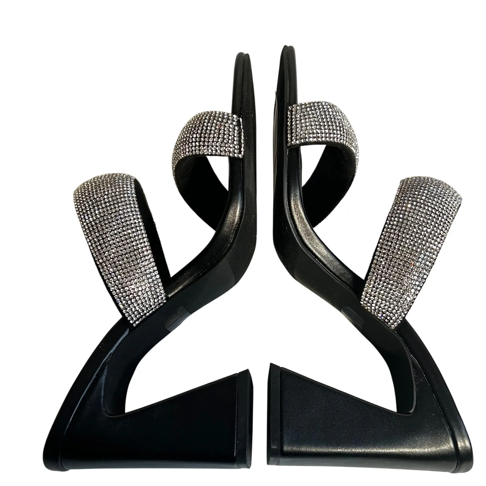 Open Edit Womens Black Rhinestone Double Strap Block Heel Slide Sandals 8.5M - Image 9