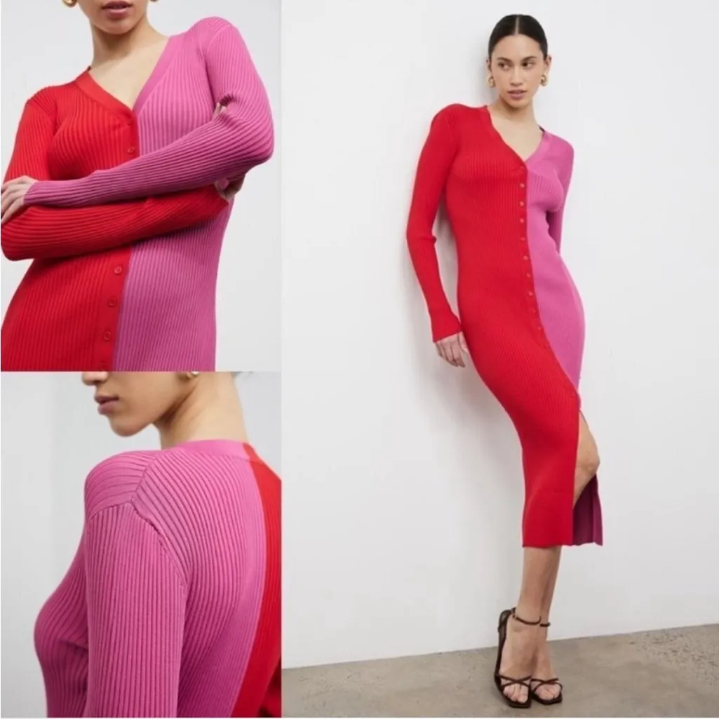 Staud Shoko Ribbed Knit Midi dress in Poppy Rosebud Pink Sz S Red - Image 8