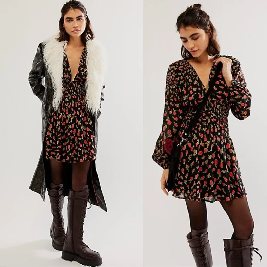 Free People Medium Dainty Keep You Mini Dress Ditsy Black Floral Long Sleeve - Image 2