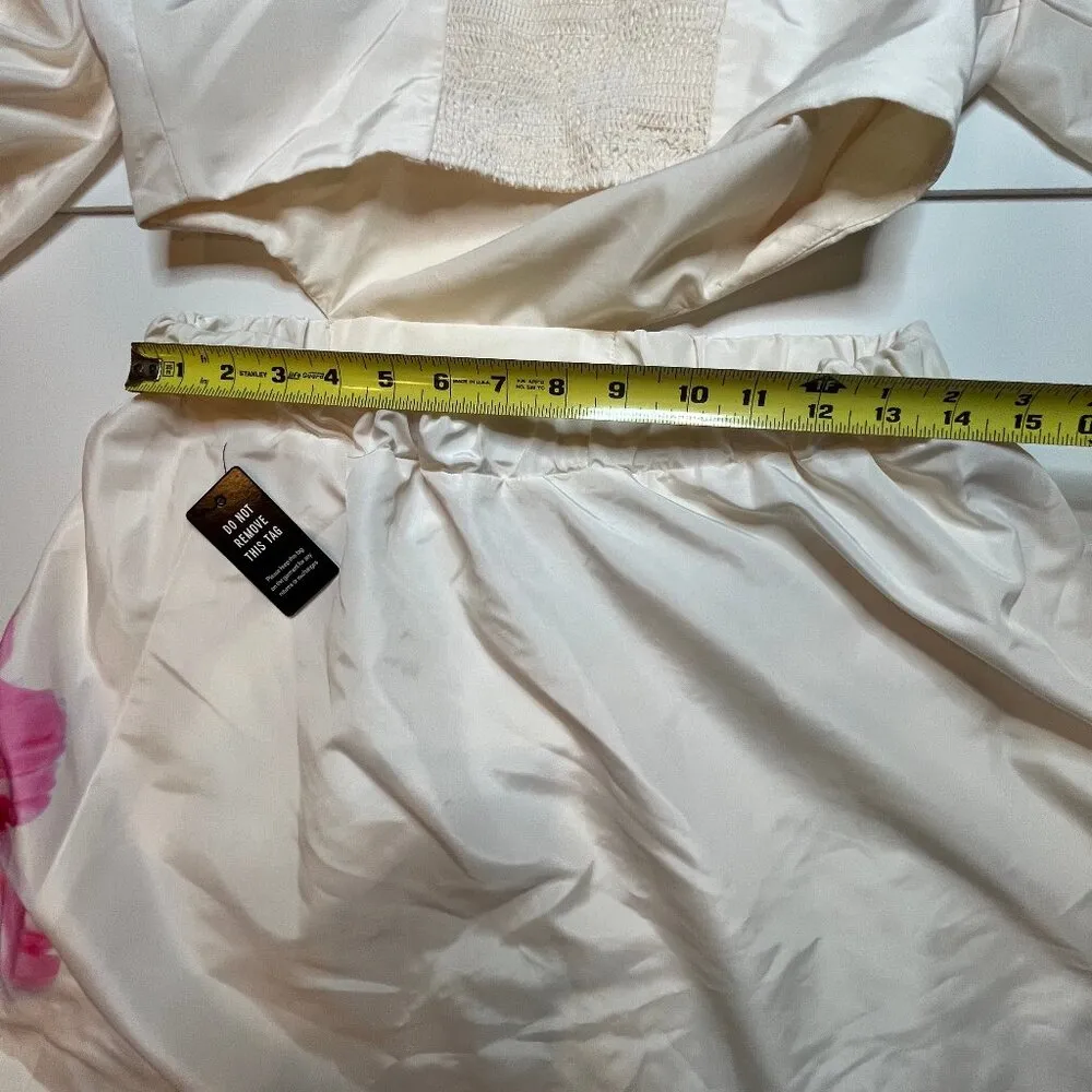 Express Puff Sleeve Cream Pink Cut Out Floral Print Mini Dress Smocked Back SZ M - Image 9