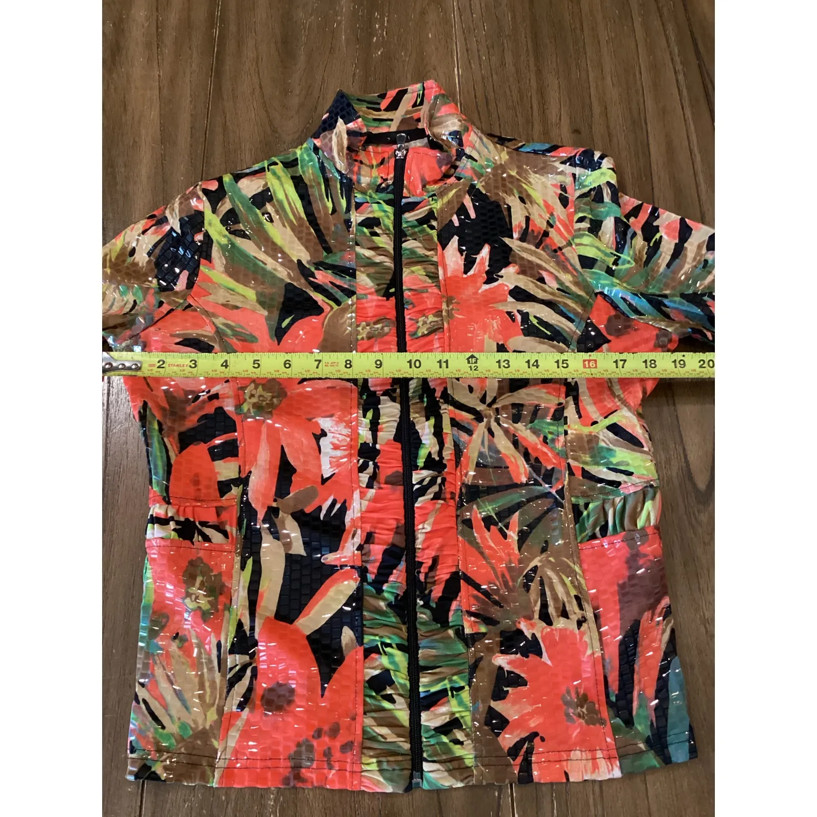 Toni Morgan Jacket Shiny Floral Orange Black Multi Zip Front 3/4 Sleeve Size M Pink Size M - Image 4
