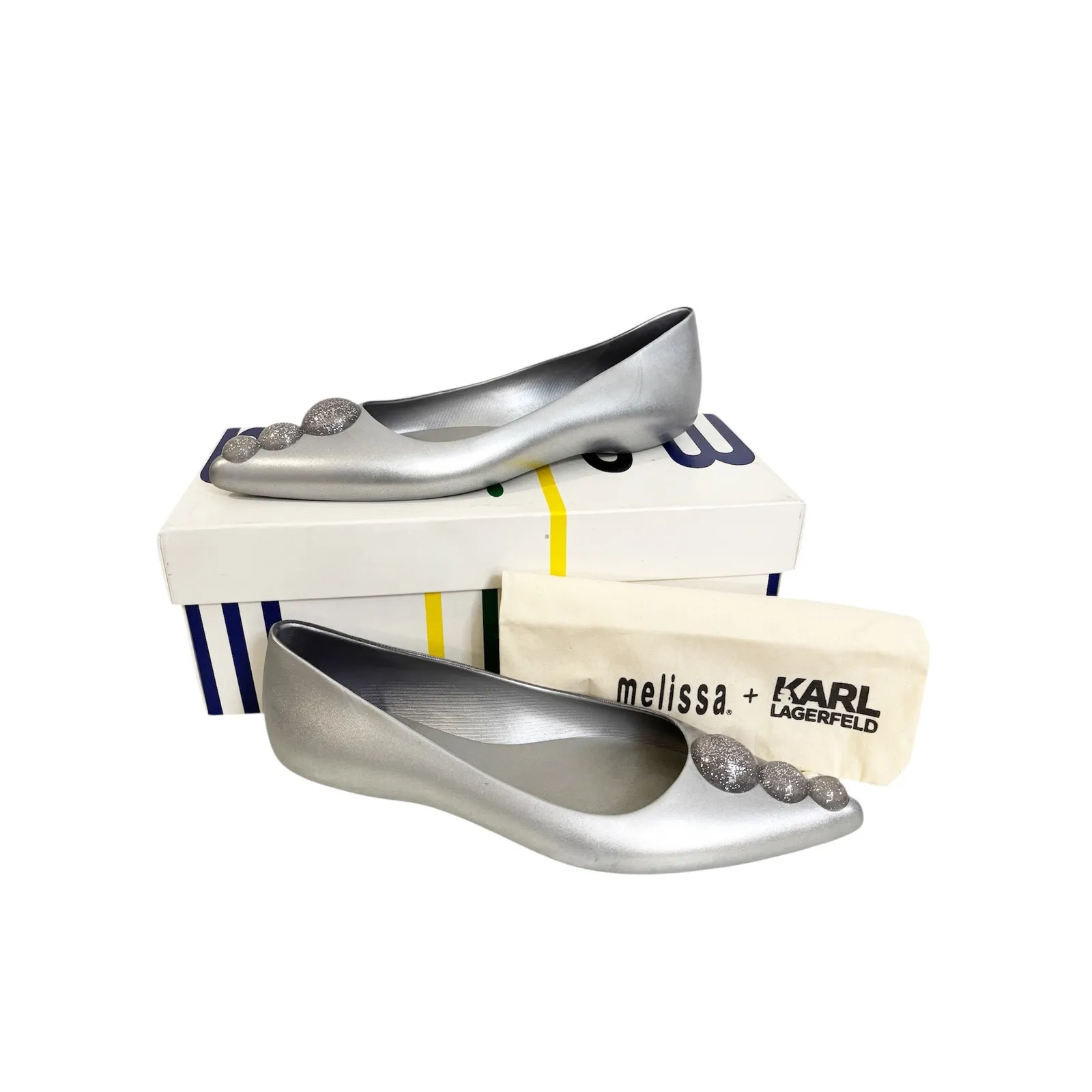 Melissa Ballet Flats Womens 8 Silver Glam Karl Lagerfeld Pointed Toe Glitter - Image 2