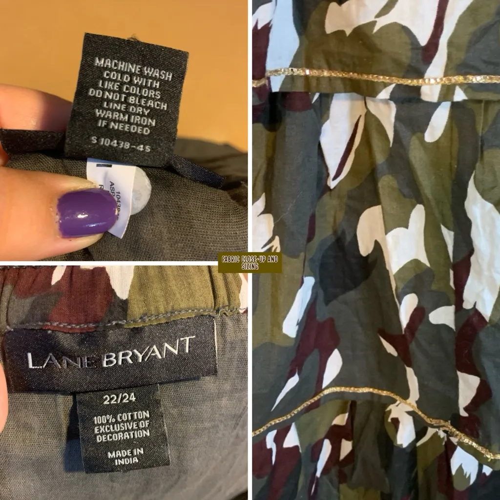 LANE BRYANT GOLD TRIM GREEN & MAROON CAMOUFLAGE RUFFLE COTTON SKIRT (22/24) - Image 12