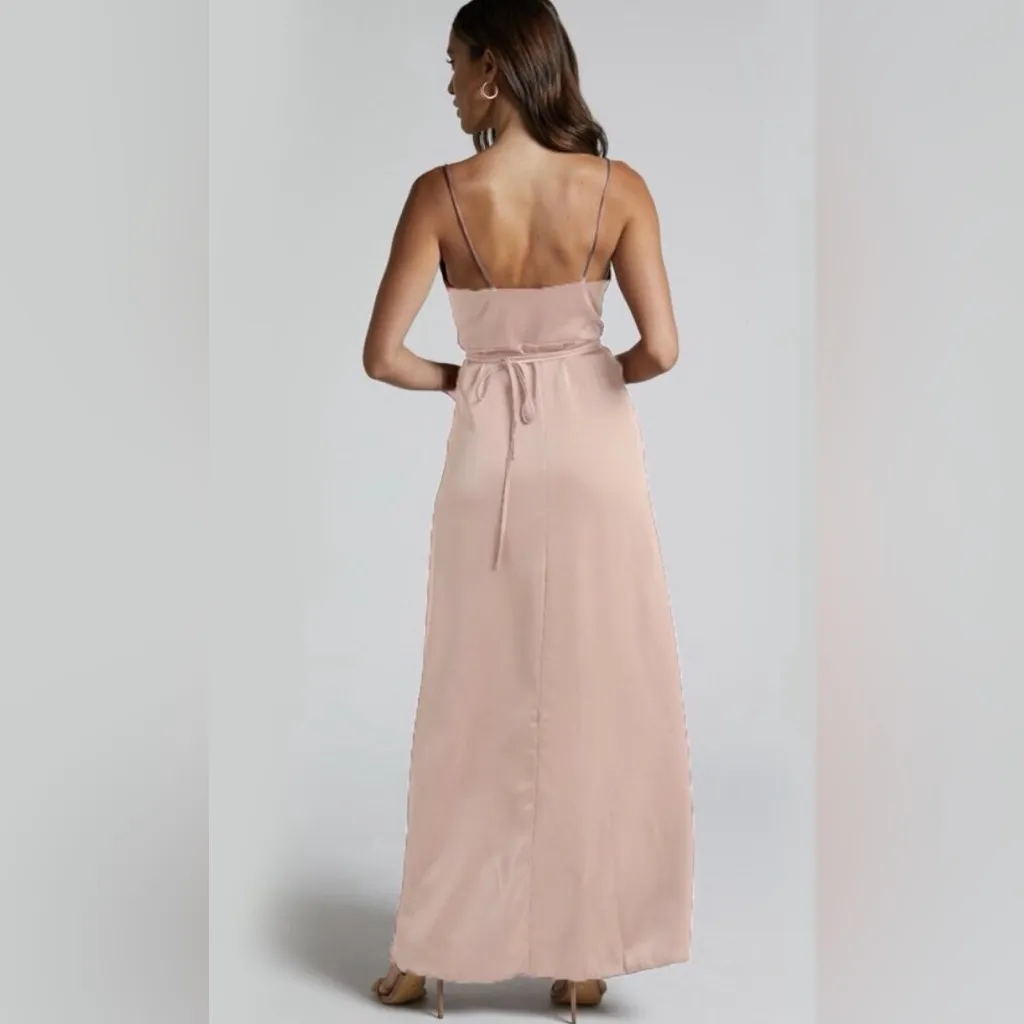 Showpo Veronica Asymmetric Satin Wrap dress slip dress Tan Size undefined - Image 2