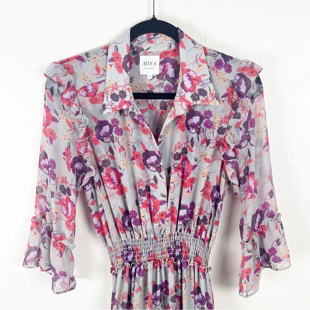 MISA Pamela Lilac Floral 3/4 Sleeves Smocked Waist Tiered Boho Maxi Dress Small - Image 14