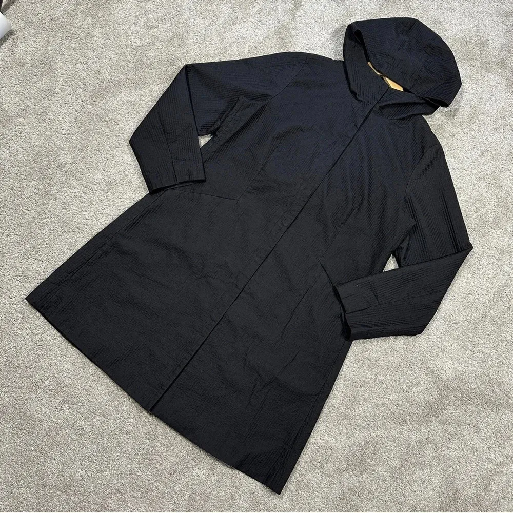 Eileen Fisher Channeled Rainwear Trench Long Line Jacket Coat Hooded Black M - Image 4