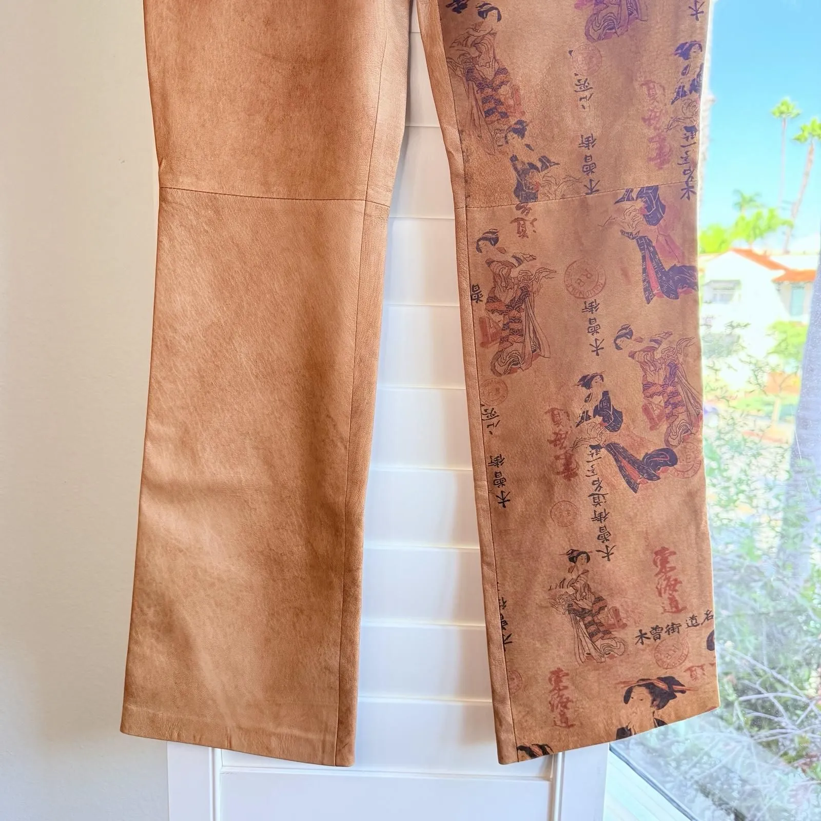 Vintage Isabel USA Genuine Leather Pants with Geisha Print Nubuck in Tan size 8 - Image 6