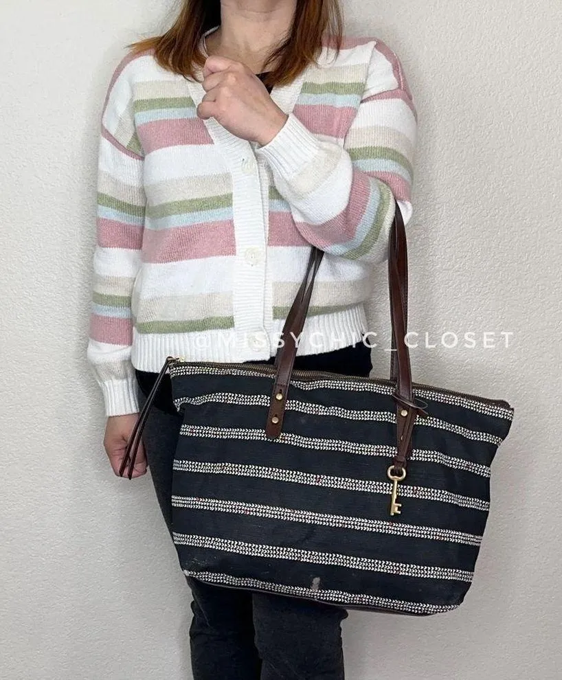 Fossil Jenna Black White Heart Striped Tote Bag - Image 3