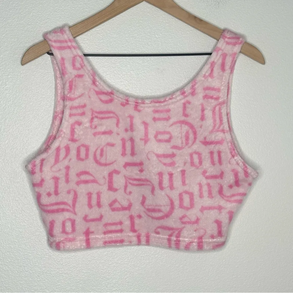 Vintage Y2K Juicy Couture Velour Fleece Tank Crop Top sz L Pink Monogram Pajama - Image 3