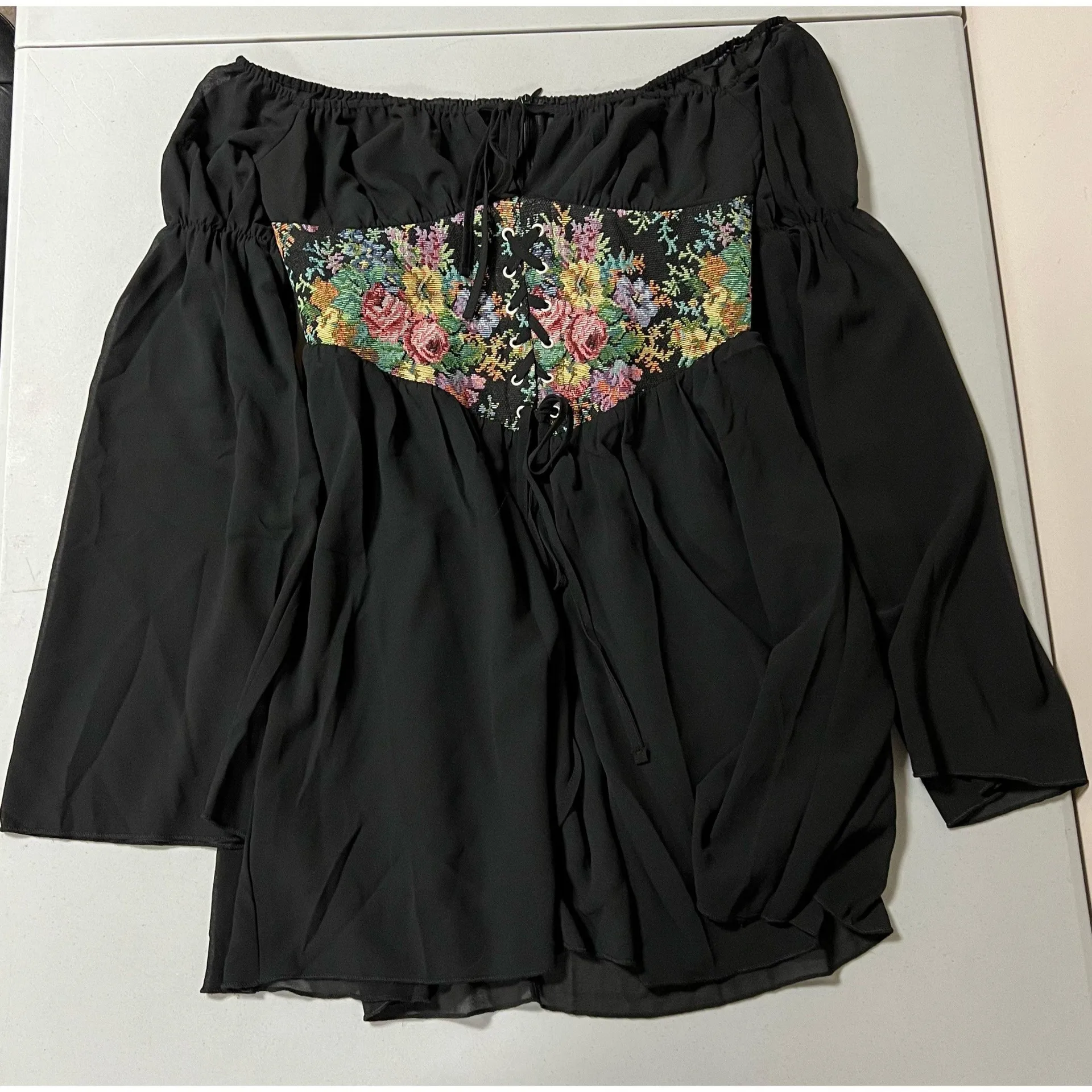 Black Floral Corset Lace-Up Long Sleeve Mini Dress Size S 🌹✨ - Image 2