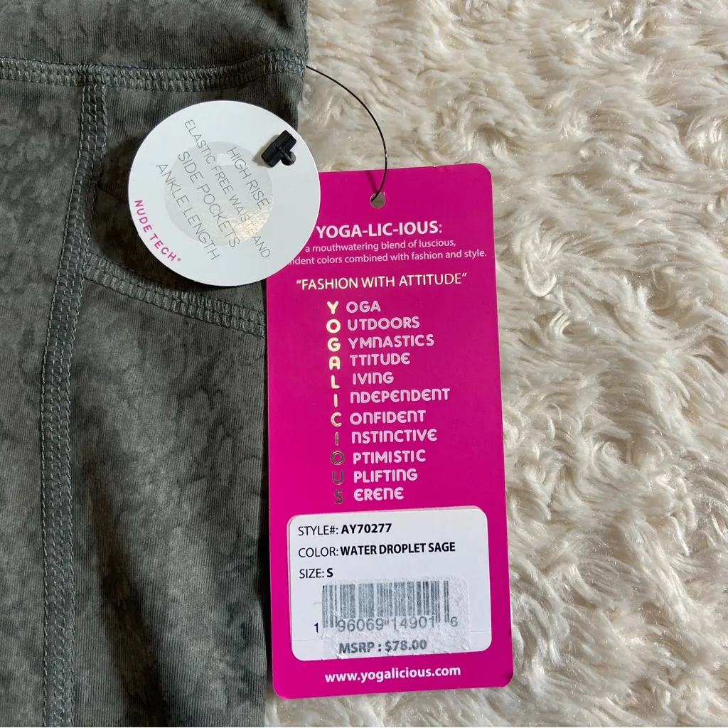 NEW Yogalicious Water Droplet Sage Green High Rise Ankle Cropped Legging Small S - Image 7